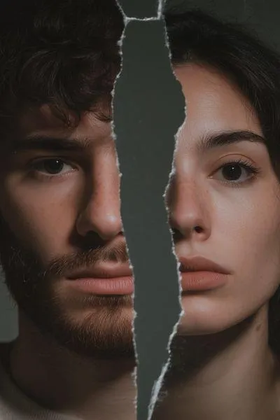 Portrait of a man and woman separated by a torn line, symbolising emotional separation and healing after divorce in individual counselling sessions.