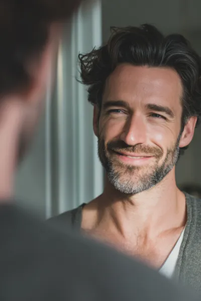 Confident man smiling at his reflection, symbolizing personal growth and self-esteem improvement through individual counselling.