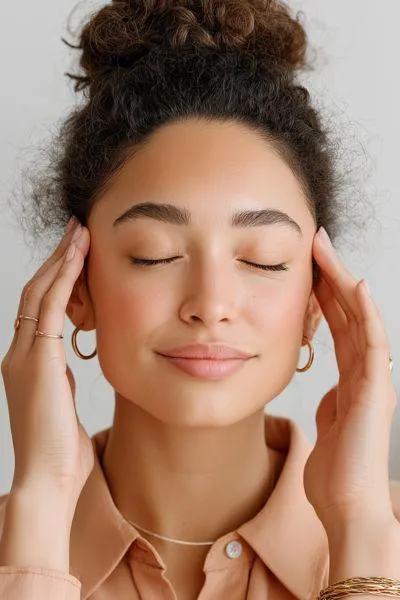 Woman practicing mindfulness with eyes closed and hands at temples, symbolising calm, clarity, and stress relief through counselling in Gauteng