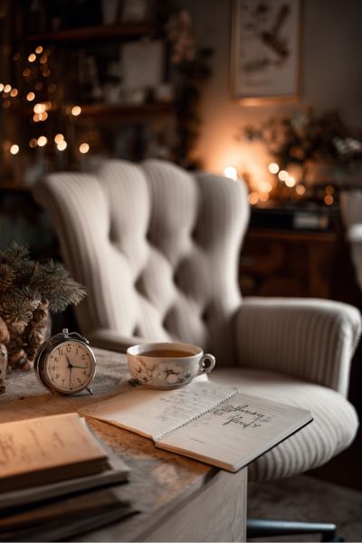 A cosy holiday scene with a soft armchair, a cup of tea, a journal, and warm festive lights, symbolising mindful rest, gentle reflection, and emotional recharge during the holiday season.