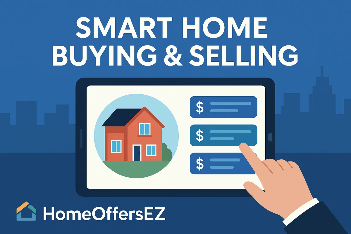 Alt text:  Tablet screen displaying a house illustration and three digital offer cards with dollar symbols, with a hand tapping one offer. Text above reads “Smart Home Buying & Selling,” and the HomeOffersEZ logo appears at the bottom. Background features a modern city skyline.
