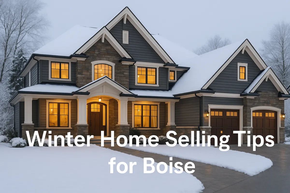 A luxury Boise-style home sits against a snowy winter backdrop, with warm interior lighting glowing through large windows and soft snow covering the roof, driveway, and landscaping. White text across the image reads “Winter Home Selling Tips for Boise.”