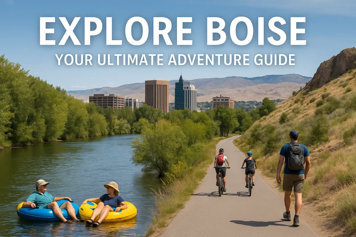 "Scenic view of downtown Boise, Idaho with people floating on the Boise River and cycling along the Greenbelt trail, framed by lush trees and foothills under a clear blue sky, featuring the text 'Explore Boise: Your Ultimate Adventure Guide'."