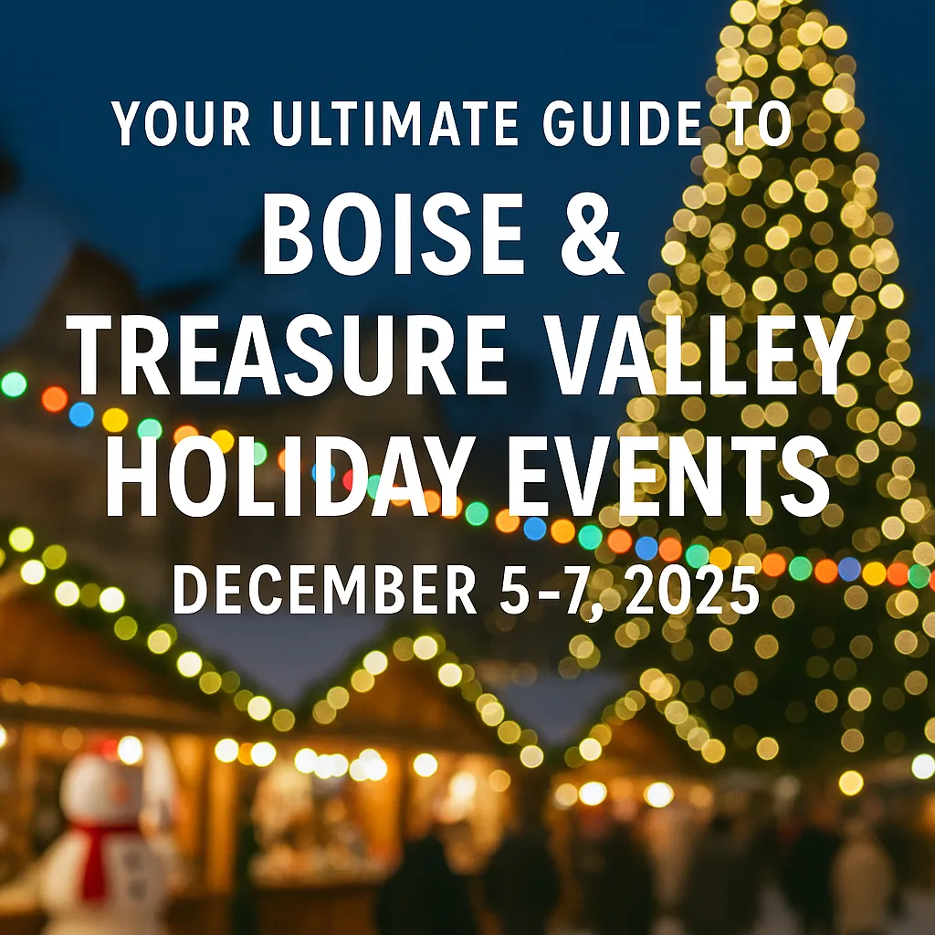 A festive outdoor holiday market scene in Boise during the evening, featuring a large illuminated Christmas tree, warm string lights, decorated vendor booths, and blurred crowds enjoying the season. Text overlay reads “Your Ultimate Guide to Boise & Treasure Valley Holiday Events, December 5–7, 2025