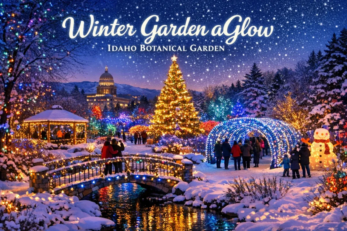 Winter Garden aGlow light display at Idaho Botanical Garden in Boise, featuring snowy pathways, a glowing Christmas tree, colorful tunnel lights, and visitors enjoying the festive evening atmosphere during the holiday season.