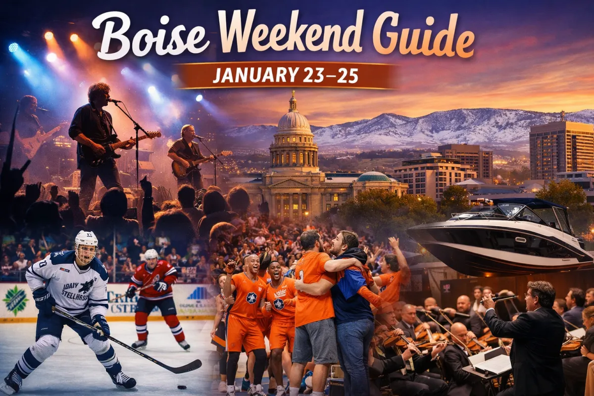 Boise weekend events collage featuring live concert at the Morrison Center, Idaho Steelheads hockey, Boise State Broncos basketball, Boise Philharmonic performance, and Boise skyline for January 23–25.