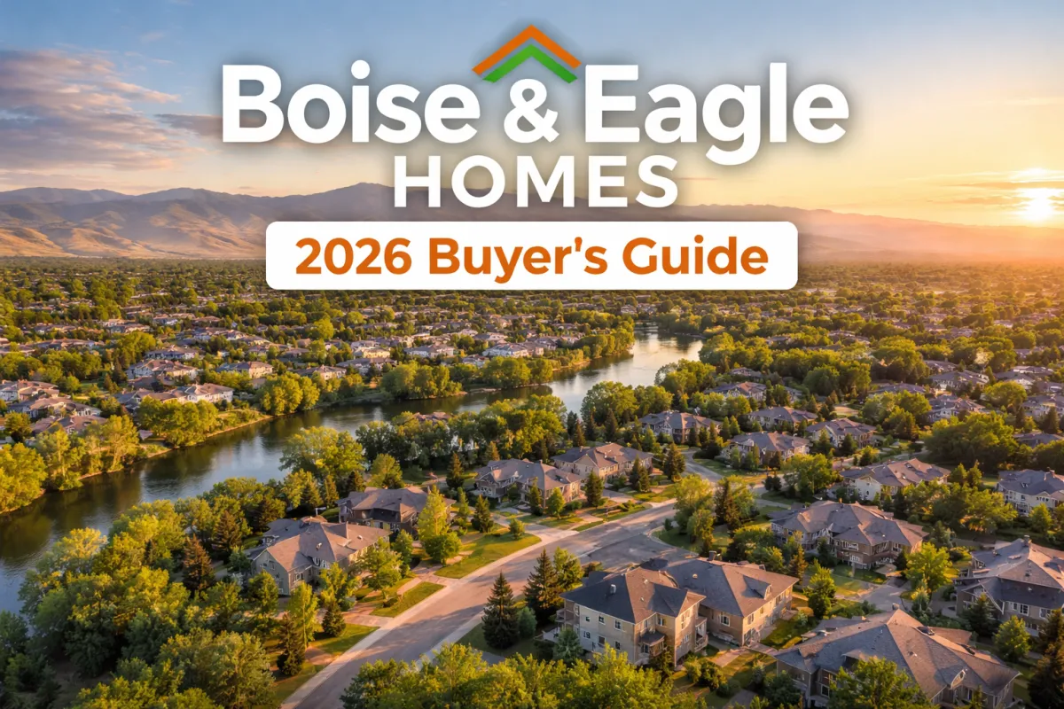 Aerial view of residential neighborhoods in Boise and Eagle, Idaho, showing tree-lined streets, nearby waterways, and surrounding foothills, featured as the cover image for a 2026 homebuyer guide.