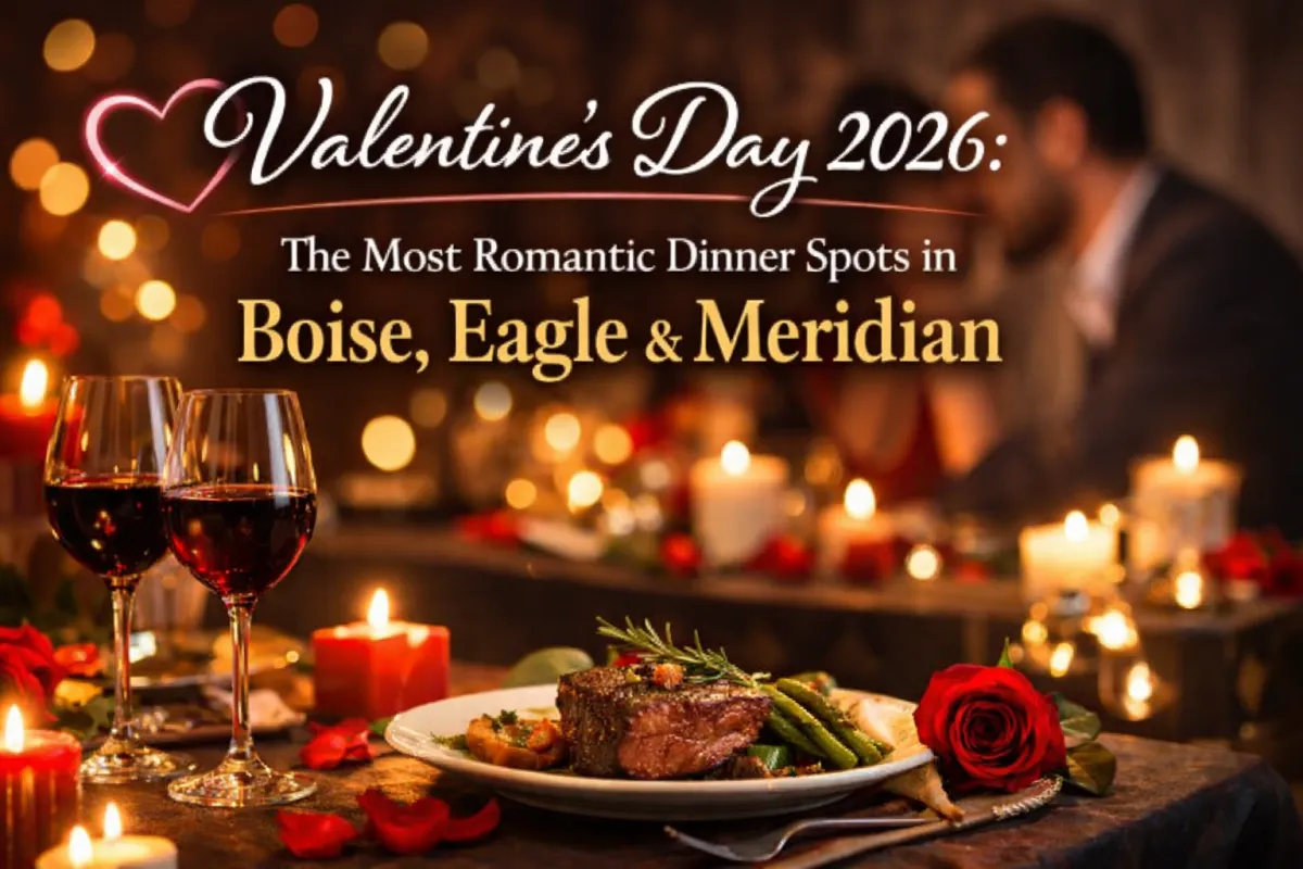 Romantic candlelit dinner setting with wine glasses and an elegant plated meal, representing Valentine’s Day 2026 dining in Boise, Eagle, and Meridian, Idaho.