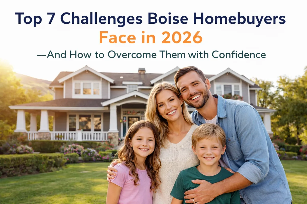 Family standing in front of a large two-story Boise home, representing the challenges and opportunities homebuyers face in the Boise housing market in 2026.