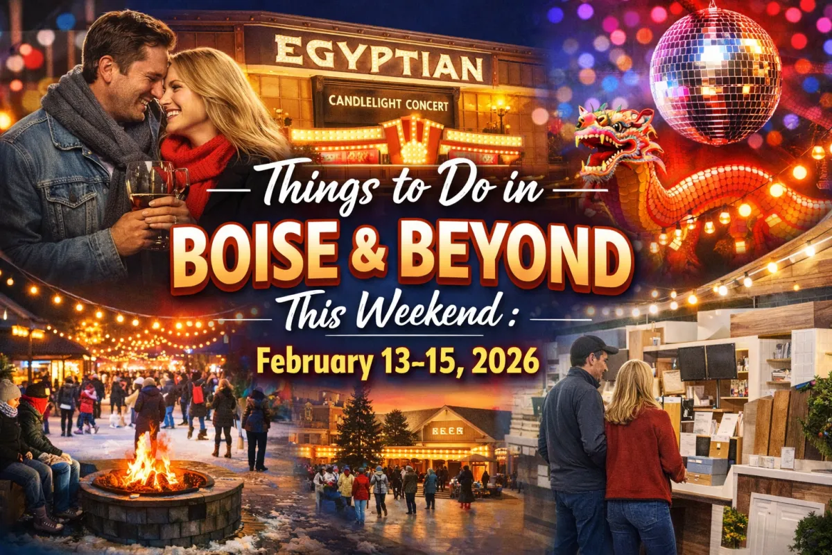 Colorful weekend collage featuring downtown Boise’s historic theater, live music ambiance, winter festival fire pits, and a home show display, highlighting events happening February 13–15, 2026 in the Treasure Valley.