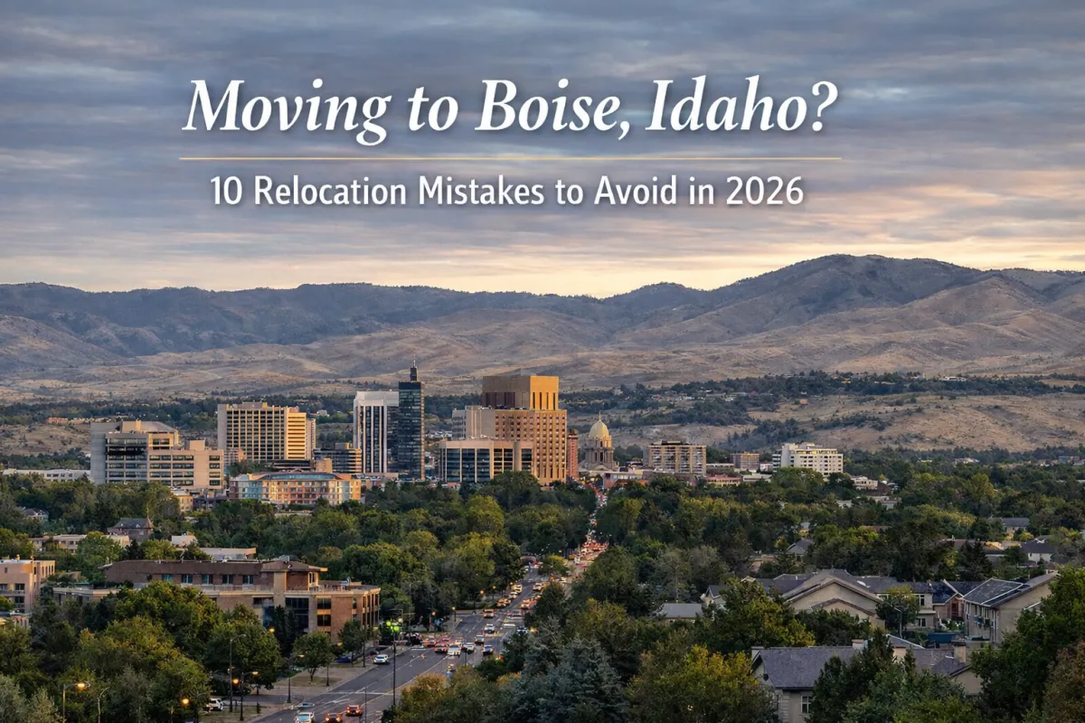 Aerial view of downtown Boise, Idaho with the Boise Foothills and Treasure Valley neighborhoods at sunset, illustrating a 2026 relocation guide about moving to Boise, Meridian, Eagle, and Star Idaho and avoiding common relocation mistakes.