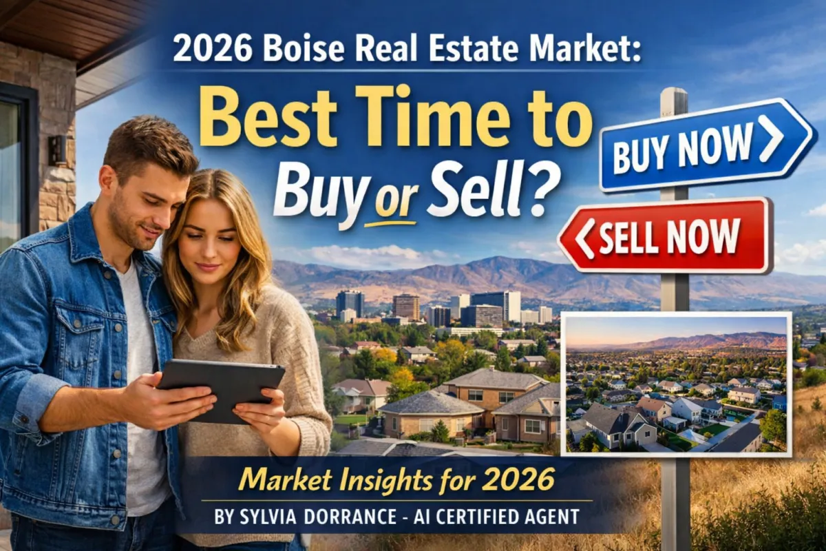 Young couple reviewing home listings on a tablet overlooking Boise skyline and foothills, with bold text reading “2026 Boise Real Estate Market: Best Time to Buy or Sell?” and directional Buy Now and Sell Now signs, illustrating the current Boise housing market trends.