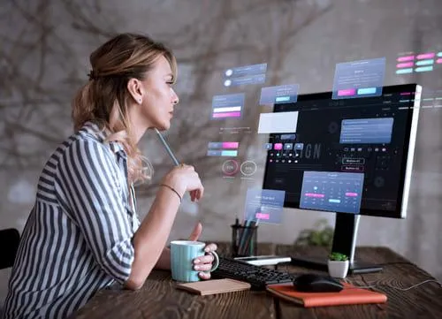 A service business professional reviews a CRM interface on a futuristic digital dashboard, surrounded by floating UI elements