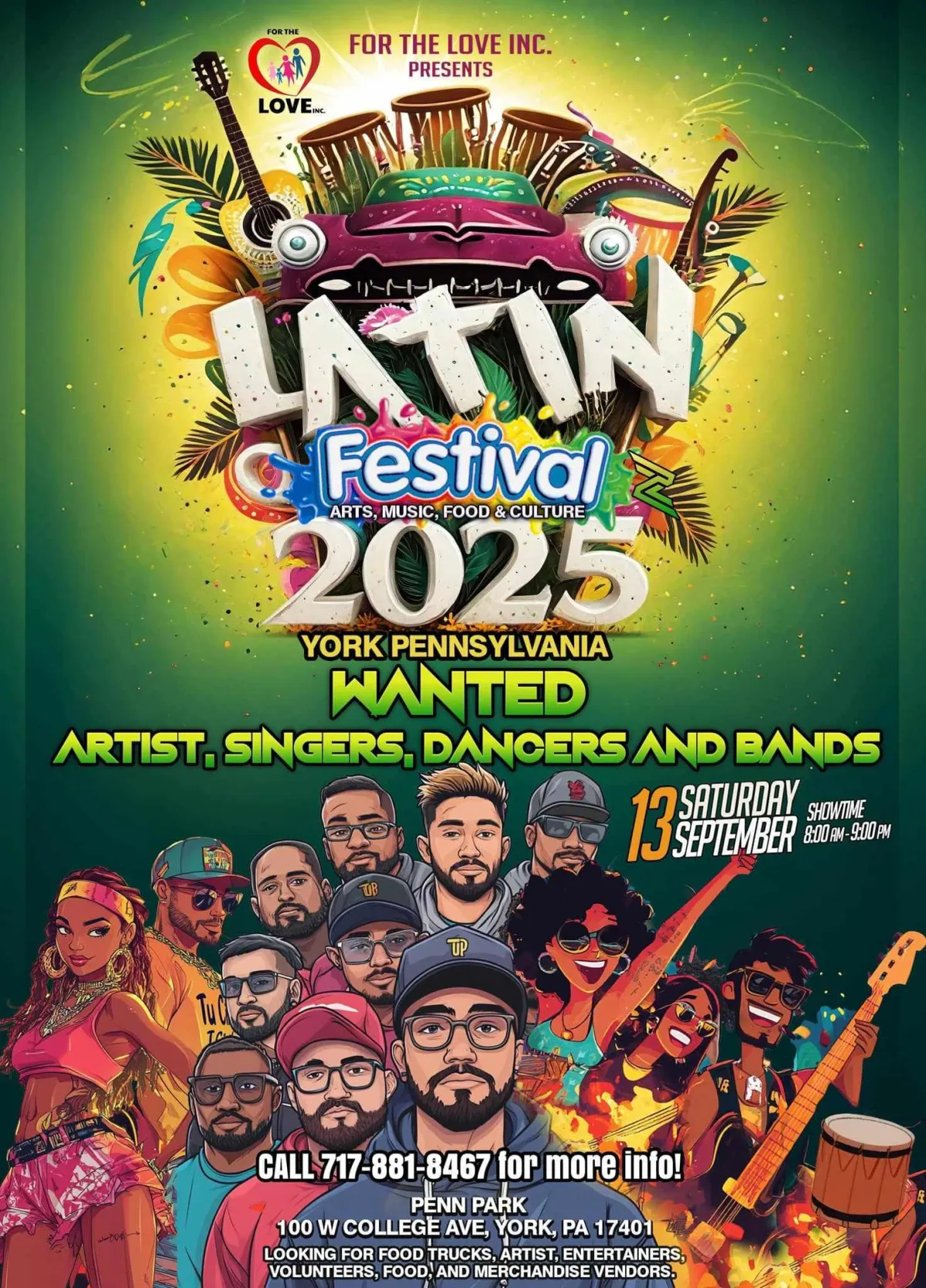 Latin Festival 2025 promotional flyer featuring colorful artwork with musicians, dancers, and cultural elements