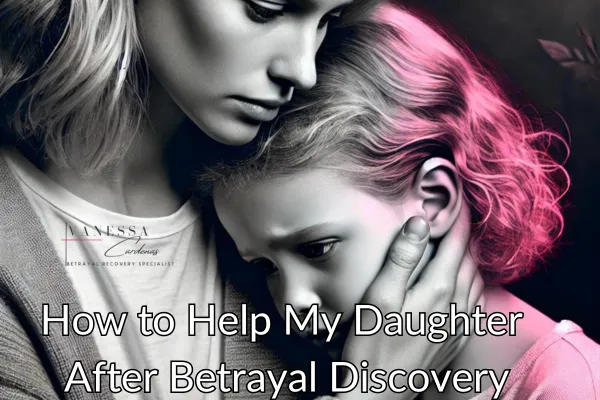 Vanessa Cardenas helps a mother comfort her young daughter after betrayal, emphasizing emotional support and healing, with subtle pink highlights