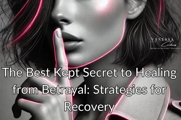 Vanessa Cardenas helps clients heal from betrayal, depicted by a woman with her finger to her lips as if she has a secret, with subtle pink highlights, symbolizing self-focus and recovery.