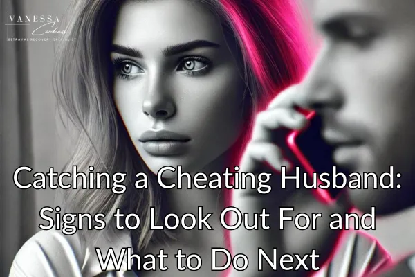 Vanessa Cardenas, Betrayal Recovery Specialist, explains how to spot the signs of a cheating husband. The image features a woman looking concerned while her partner is on the phone, with pink (#E60067) highlights representing the emotional impact