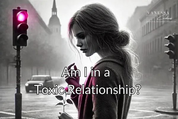 Vanessa Cardenas, Betrayal Recovery Specialist, helps others who are standing at a crossroads, symbolizing the journey through a toxic relationship. The image features pink highlights representing healing and resilience, conveying the process of overcoming adversity and finding inner strength