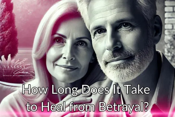 Vanessa Cardenas, Betrayal Recovery Specialist, helps others rebuild their lives after betrayal, with vibrant pink highlights representing hope and resilience. The image conveys a middle-aged couple's contemplation and the journey towards healing