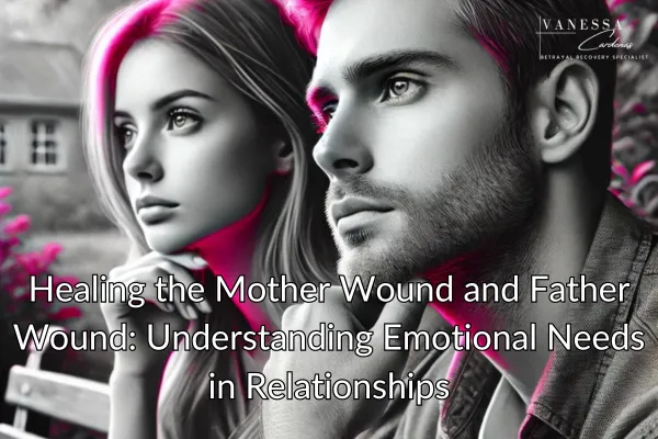 Vanessa Cardenas, Betrayal Recovery Specialist, helps individuals heal from mother and father wounds. The image shows a contemplative man and woman with strong pink highlights on their eyes and background elements, symbolizing introspection and emotional healing