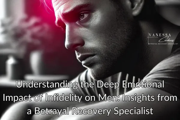 Vanessa Cardenas, Betrayal Recovery Specialist, provides insights into the impact of infidelity on men. The image shows a contemplative man with strong pink highlights symbolizing emotional intensity and the journey toward healing.