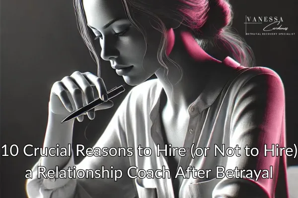 Vanessa Cardenas, Betrayal Recovery Specialist, shares 10 crucial reasons to hire or not hire a relationship coach after betrayal. The image shows a thoughtful individual weighing the benefits of coaching, with key points highlighted to guide decision-making.