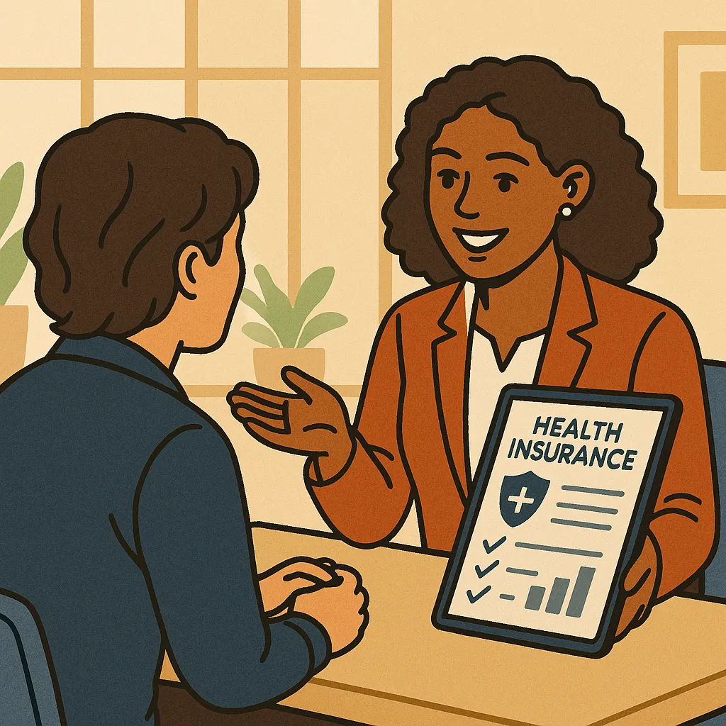Illustration of a friendly insurance agent showing a client a tablet with health insurance options, featuring checkmarks and a graph to convey trust, clarity, and expert guidance.