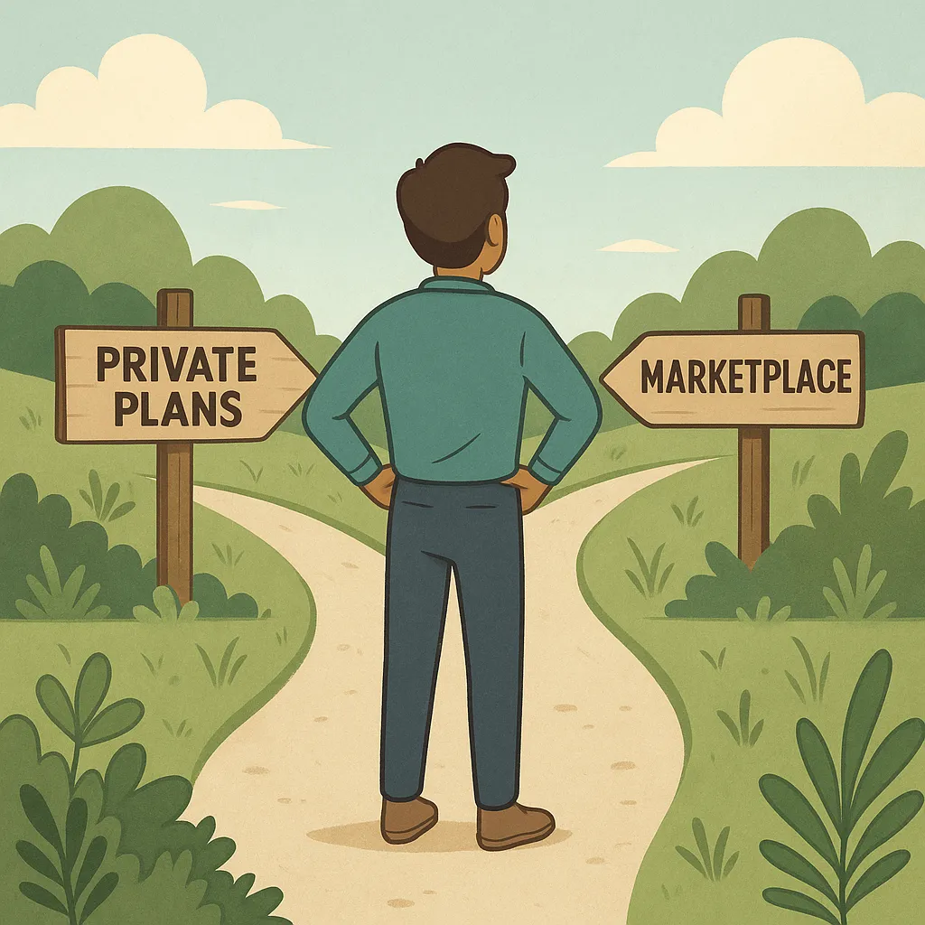  Illustration of a person standing at a fork in the road with signs labeled "Private Plans" and "Marketplace," symbolizing the choice between different health insurance options in 2025