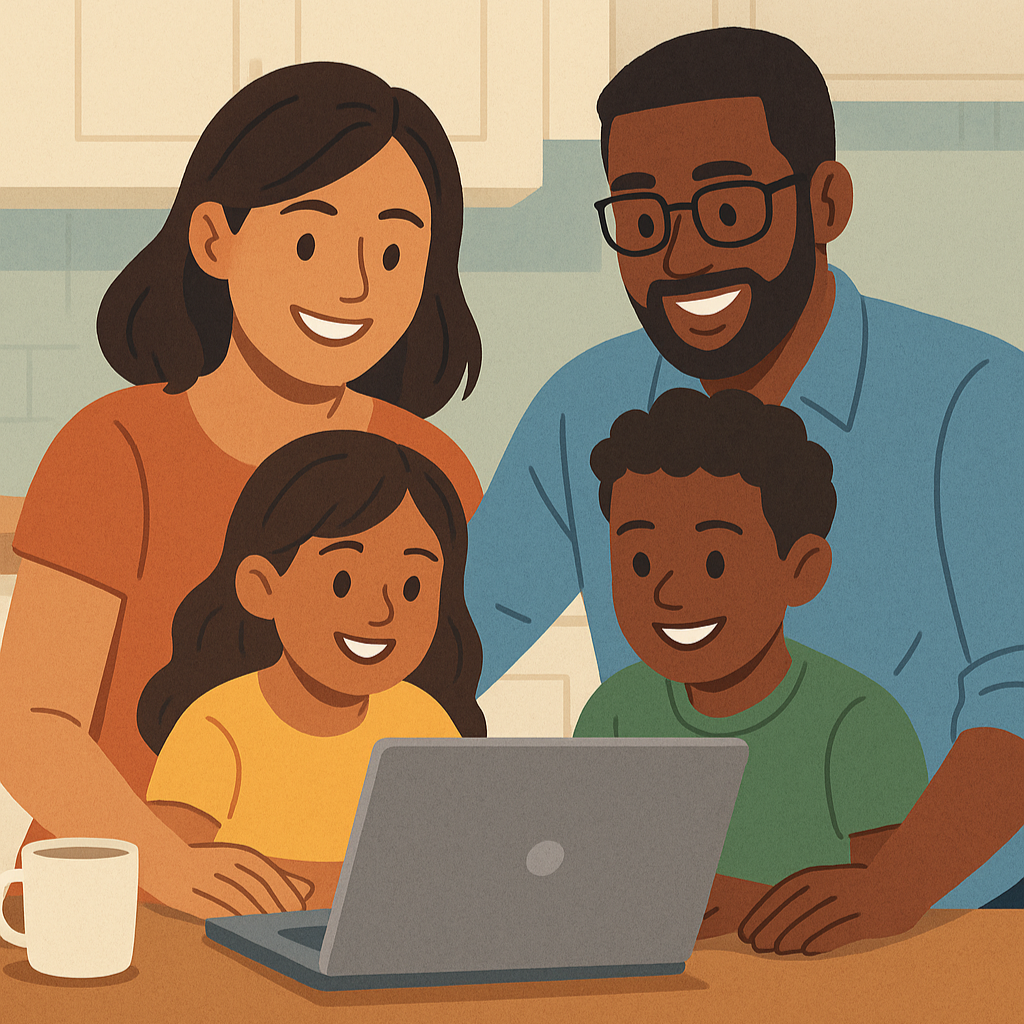 Family of four reviewing health insurance plans together on a laptop at their kitchen table