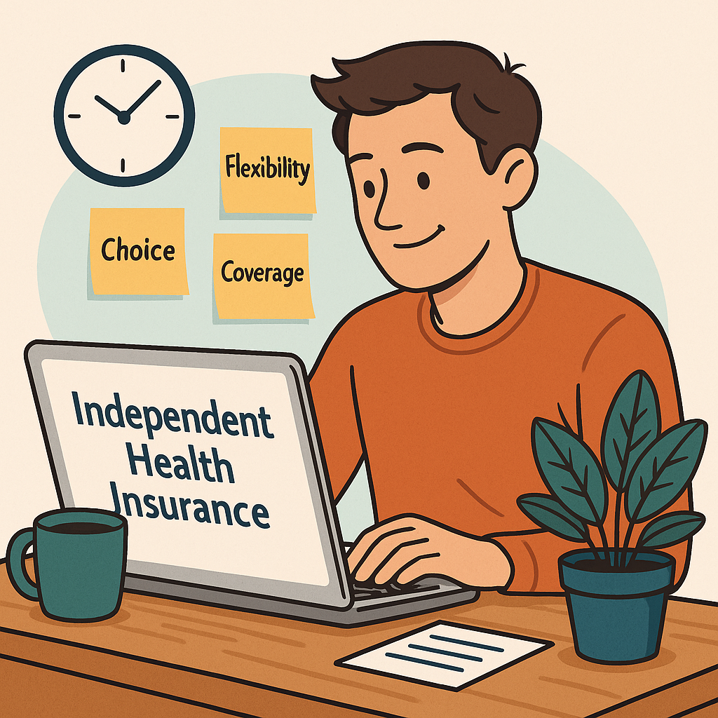 Freelancer researching independent health insurance on a laptop at home, with sticky notes showing "Choice," "Flexibility," and "Coverage."