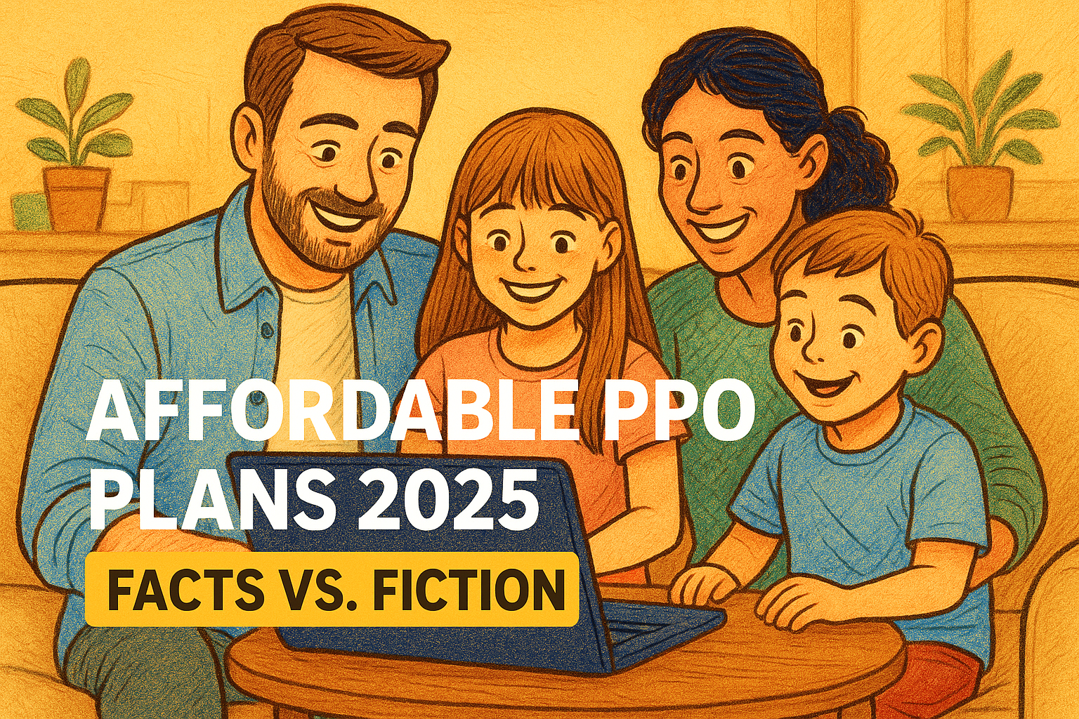 Illustration of a smiling family of four reviewing health insurance options on a laptop, with overlay text reading “Affordable PPO Plans 2025: Facts vs. Fiction.