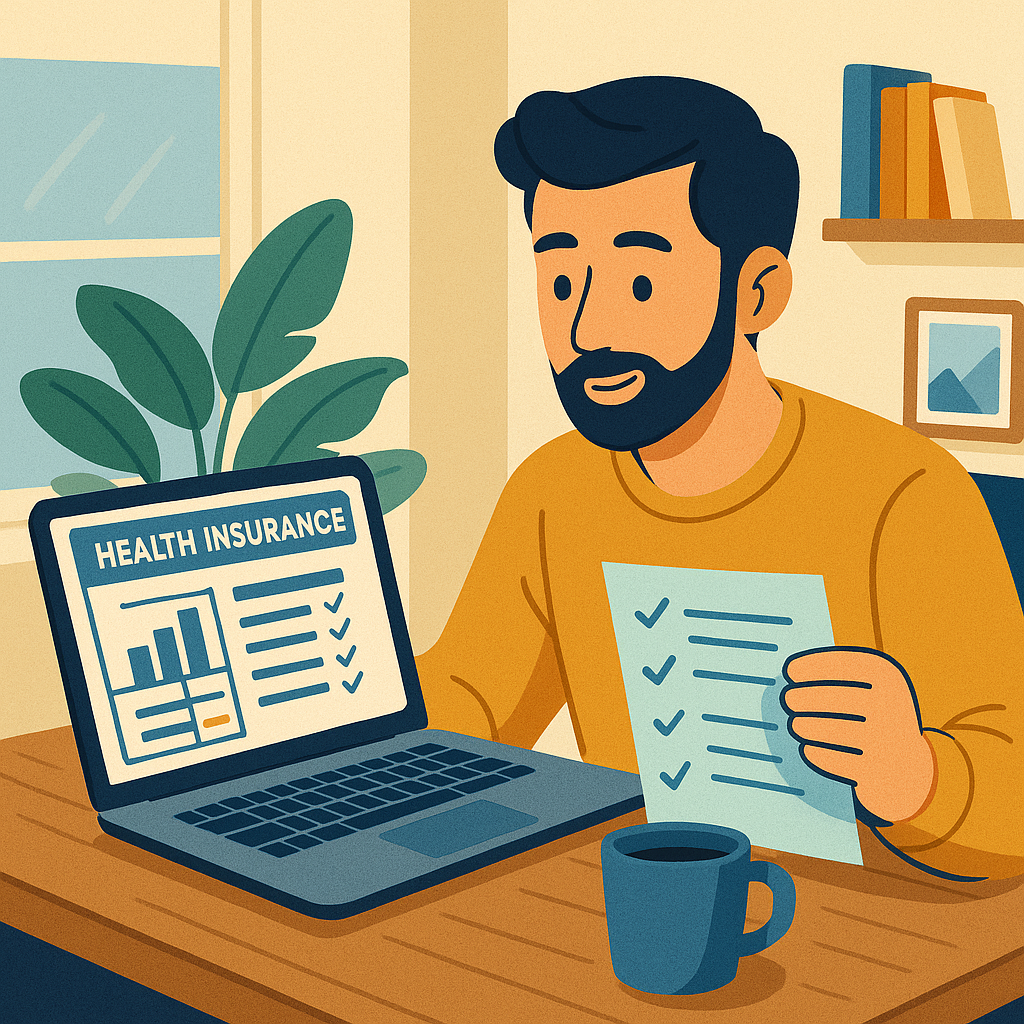 Freelancer at home reviewing health insurance plan options on a laptop, with documents and charts visible on the desk.