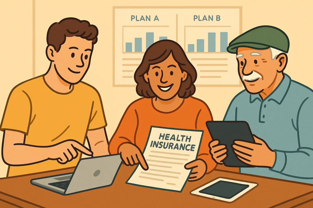 Three diverse individuals reviewing health plan options together, representing the personal nature of choosing private health insurance. File Name: choosing-private-health-insurance-illustration.png