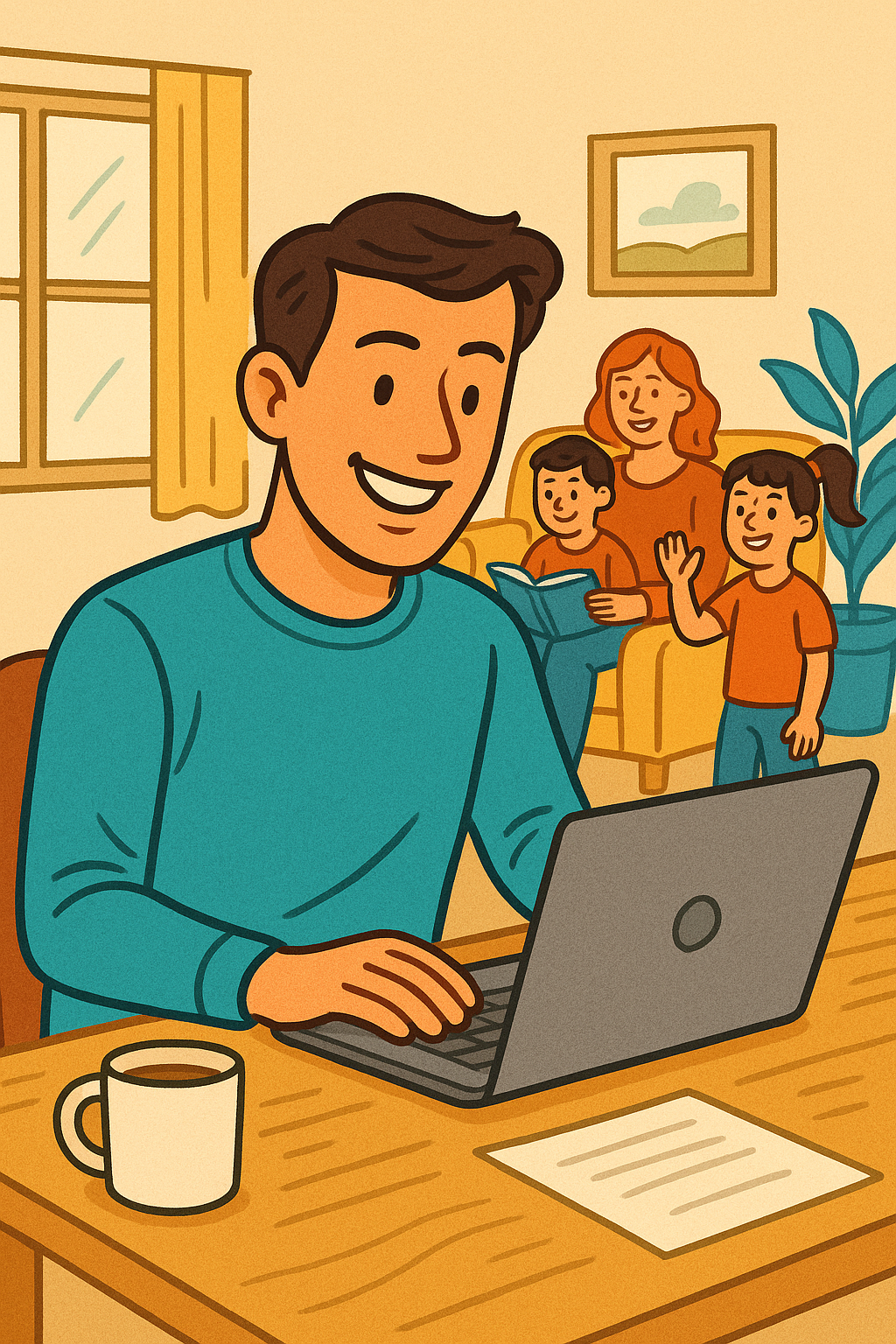 Smiling freelancer working from home with family in background, representing work-life balance and health plan coverage