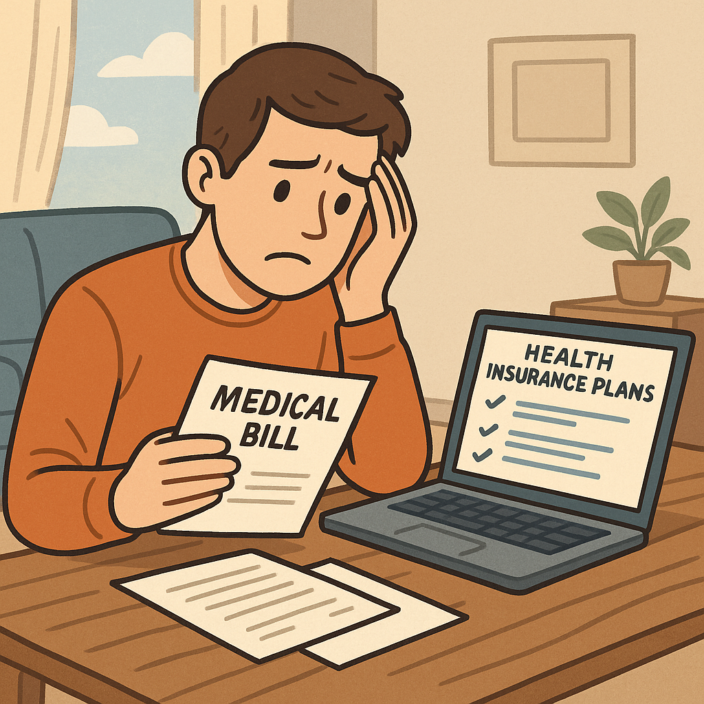 Worried young adult reviewing medical bills at home, researching private health insurance options on a laptop