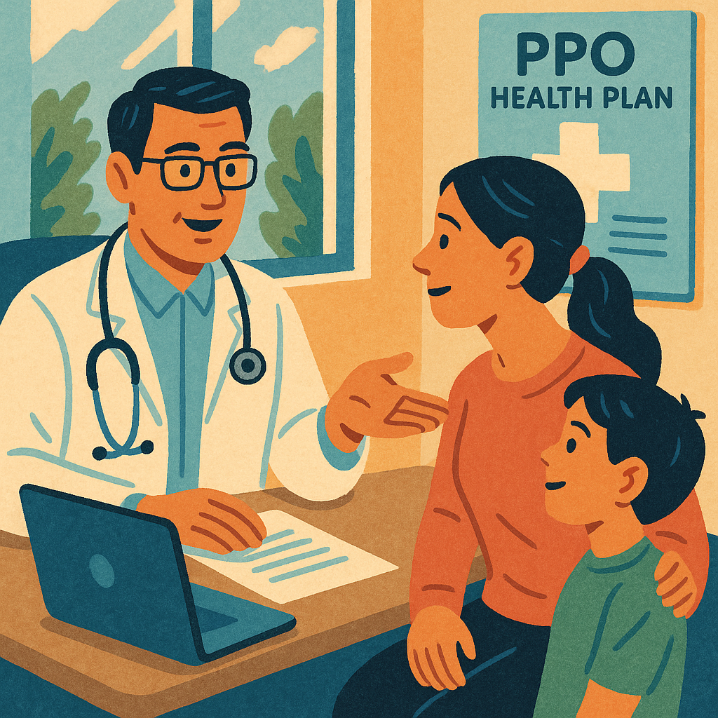 A patient talking to a doctor in a bright, modern clinic—illustrating flexible provider access through PPO health plans.