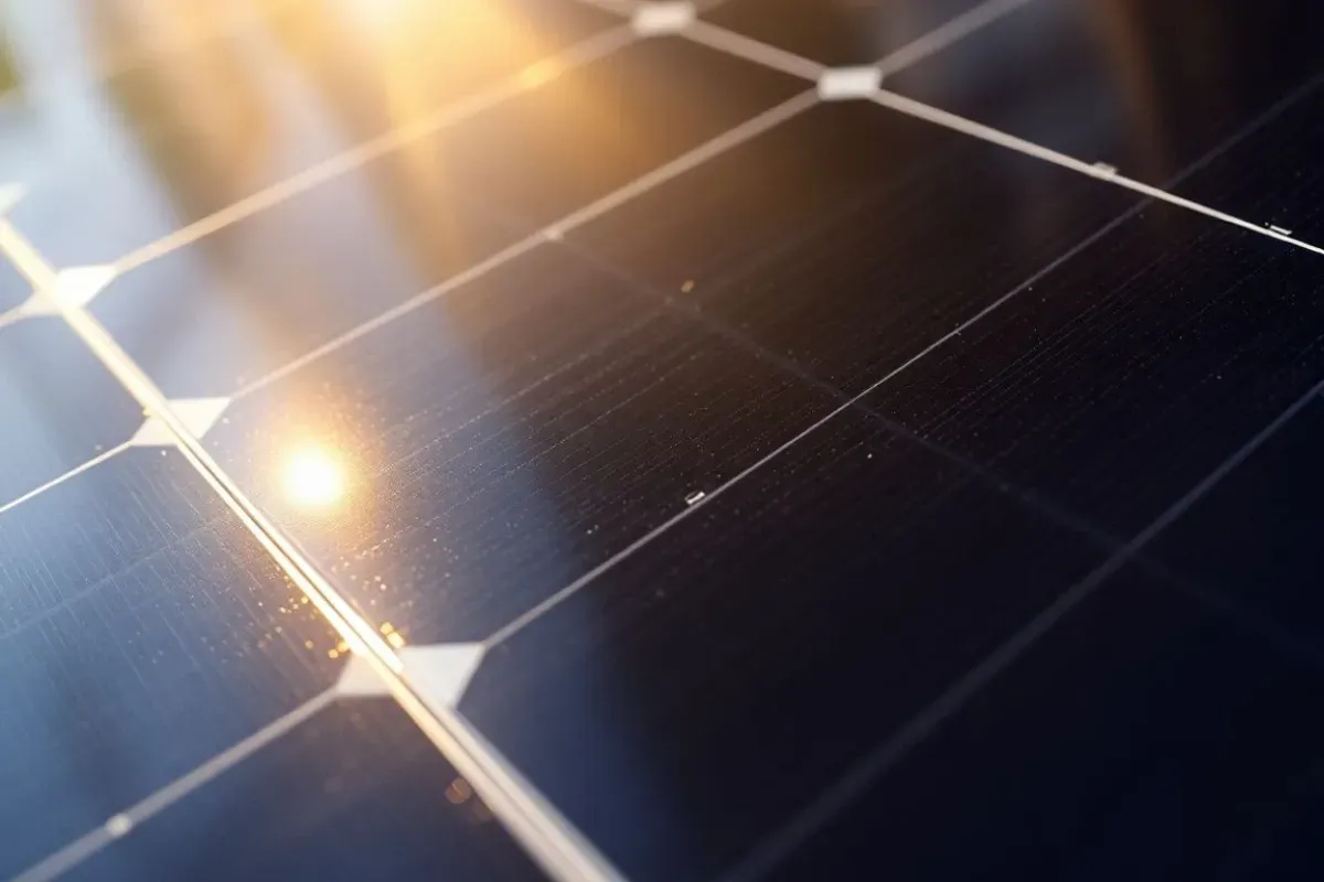 Thin film solar panel surface with sunlight glinting.