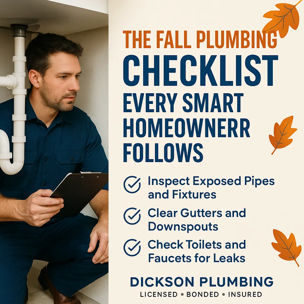 Plumber inspecting pipes with a fall plumbing checklist overlay, highlighting seasonal tips for Delaware homeowners.
