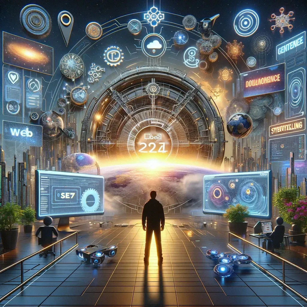 mage, conçue pour incarner l'essence des stratégies de marketing numérique pour 2024, en mettant l'accent sur l'influence de la pensée innovante et critique de Lu Xun. Cette image intègre un environnement de marketing numérique dynamique et interactif, mettant en avant la narration de contenu, l'optimisation pour les moteurs de recherche (SEO), l'engagement sur les médias sociaux, les analyses de données, et les technologies de pointe telles que l'intelligence artificielle (IA) et la réalité augmentée (AR). De plus, le nom "GWeb97" est mis en avant pour symboliser votre site web au centre de ces stratégies, capturant l'esprit de collaboration et d'avancement technologique dans le marketing numérique.