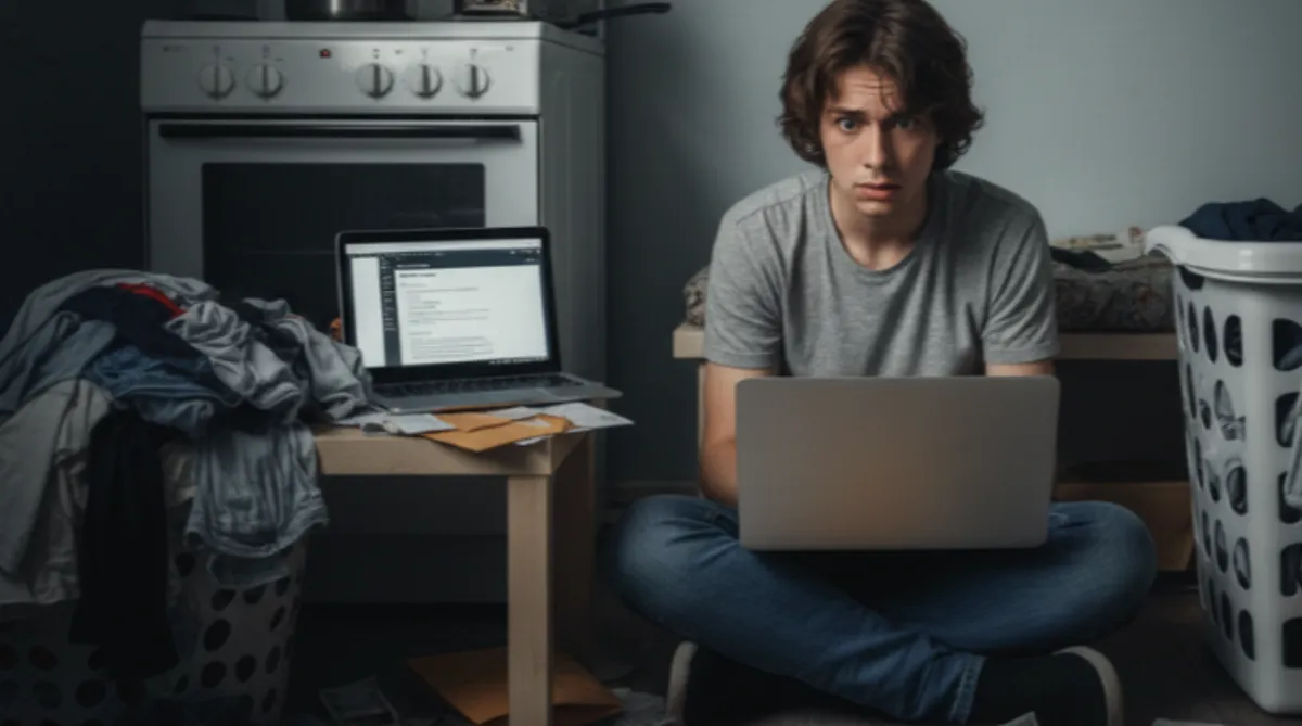 A student sitting on his dorm room floor with a laptop and laundry