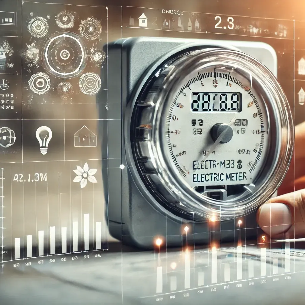 Electric meter with digital readouts, representing energy usage and management for sustainability and cost savings.