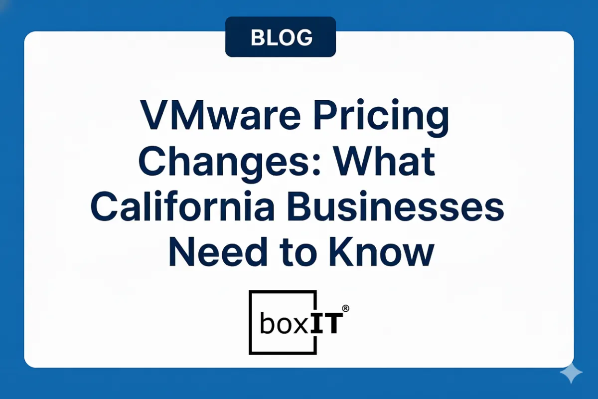 Blog post title card: 'VMware Pricing Changes: What California Businesses Need to Know' centered on a white background within a blue border, with a dark blue 'BLOG' banner at the top.