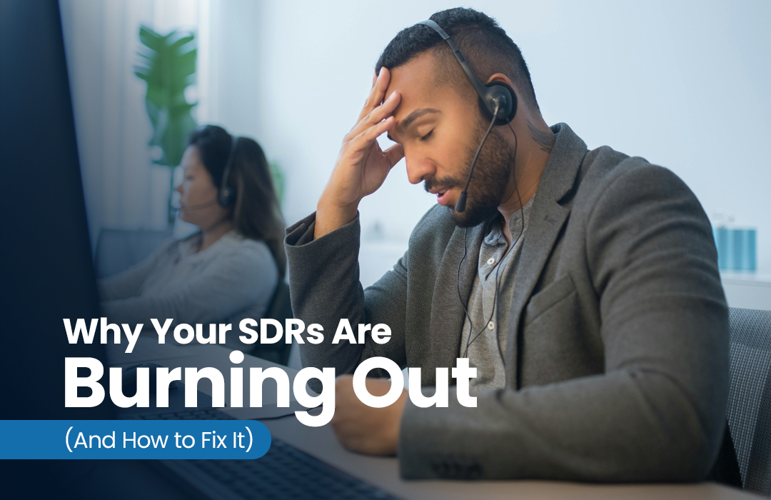 Frustrated Sales Development Representative (SDR) suffering from burnout at work.
