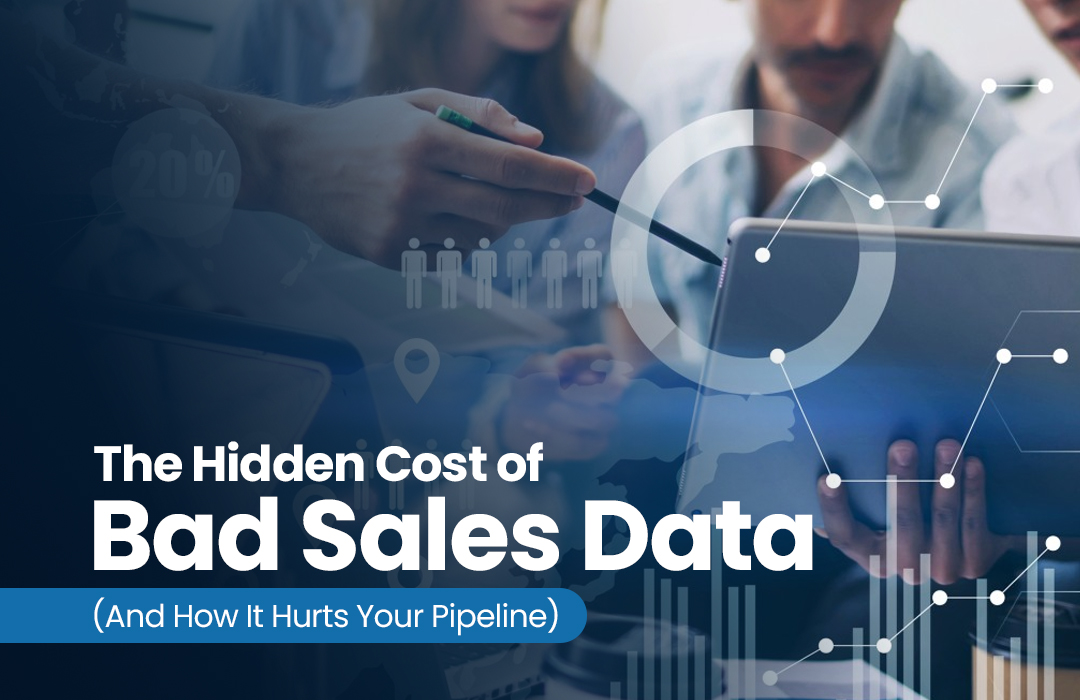Illustration showing bad sales data damaging B2B sales pipeline, SDR productivity, and CRM data quality, with AiXUP data enrichment solution.