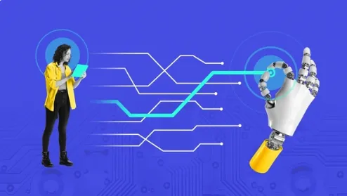 Woman in yellow jacket working with AI