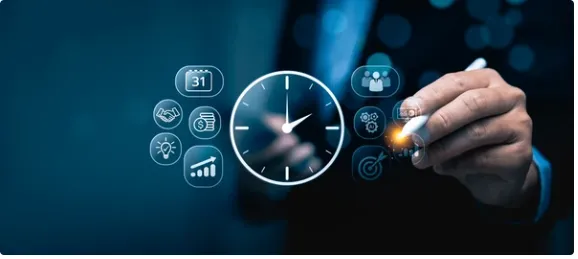 This image depicts a professional using a stylus on a transparent digital screen, with a large, central clock icon surrounded by various business icons like a calendar, growth chart, money, gears, and a target. The visuals emphasize time management, operational efficiency, and the successful automation of business workflows.