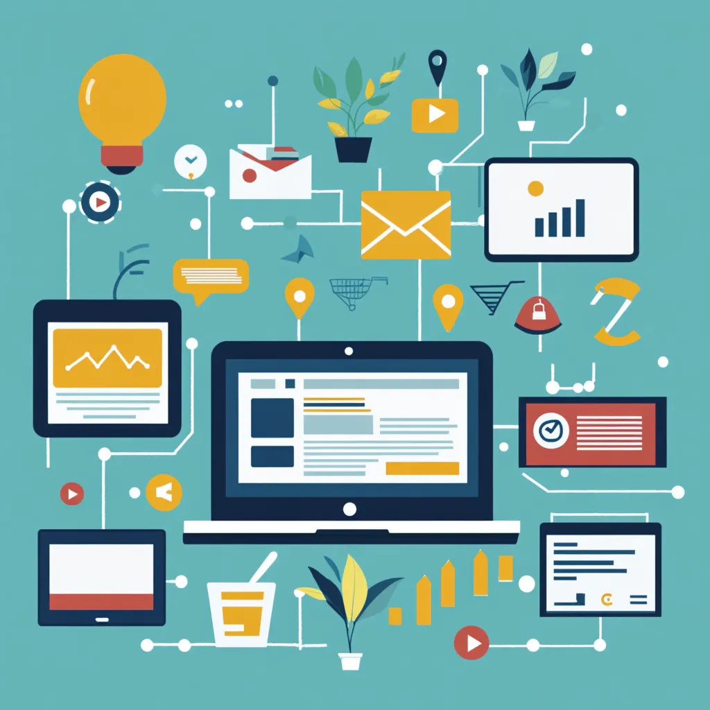 Illustration of a computer displaying a blog post, surrounded by icons for videos, social media, and email, with upward arrows and growth symbols representing organic lead generation for small businesses."