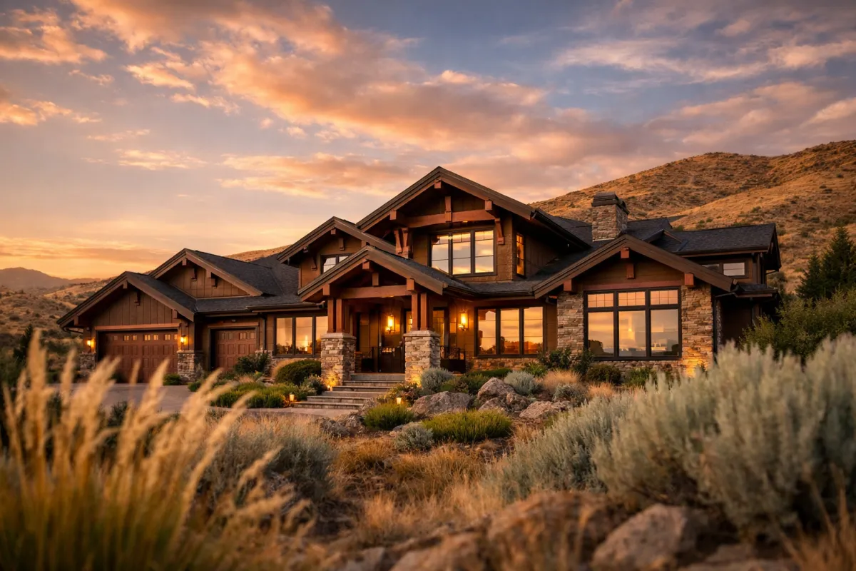 Luxury home in Eagle Idaho with foothill views at golden hour