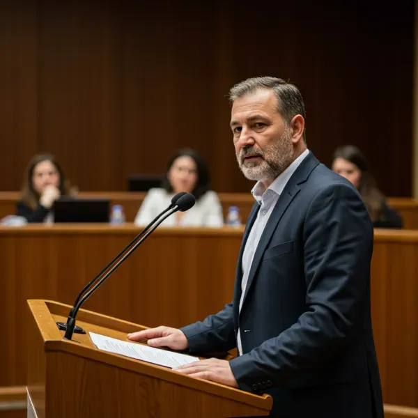 A person standing confidently at a podium, pausing before speaking.
