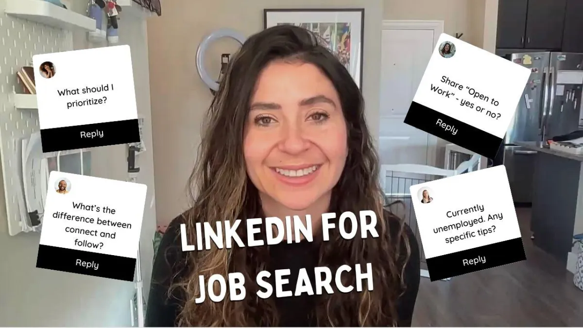 Rachelle smiling in a home office setting with text overlay reading 'LinkedIn for Job Search.' Surrounding her are floating question boxes with queries such as 'What should I prioritize?', 'What’s the difference between connect and follow?', 'Share “Open to Work” – yes or no?', and 'Currently unemployed. Any specific tips?'